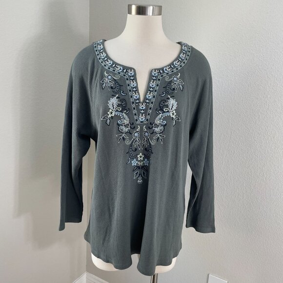 J Jill Womens XL Petite Embroidered Waffle Knit Raglan Top in Coriander Green - Picture 2 of 10